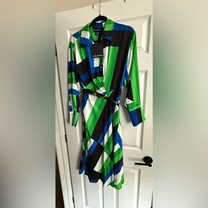 Halston Heritage Vibrant Green and Blue Long Sleeve Dress